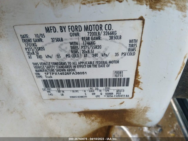 2006 FORD F-150 XLT/FX4/LARIAT/XL VIN: 1FTPX14526FA38051