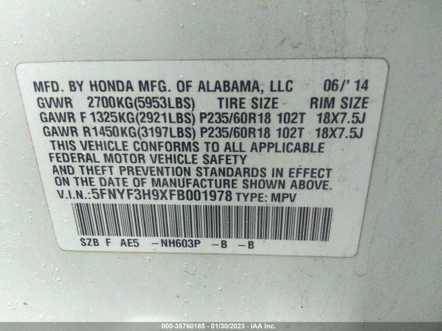 2015 Honda Pilot, VIN: 5FNYF3H9XFB001978