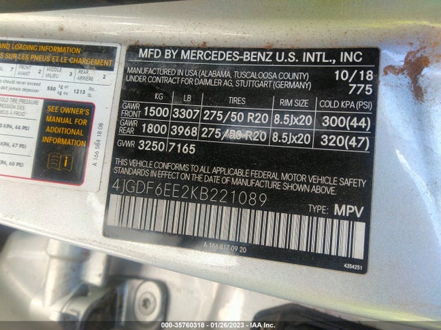 2019 Mercedes-Benz GLS-Class, VIN: 4JGDF6EE2KB221089