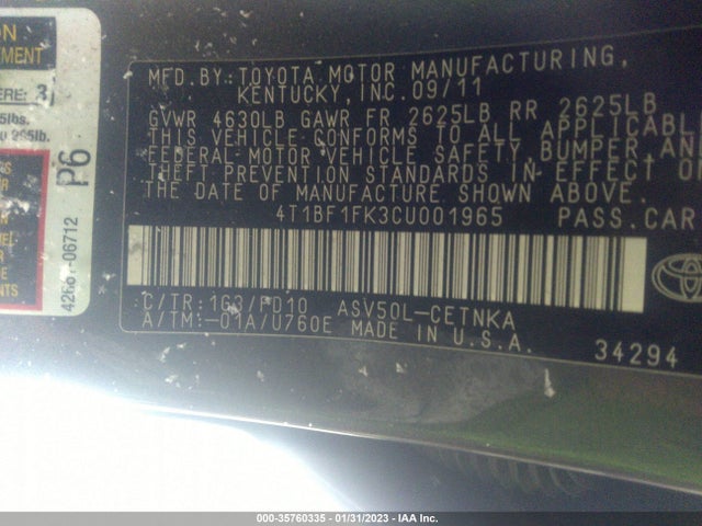 2012 TOYOTA CAMRY L/LE/SE/XLE VIN: 4T1BF1FK3CU001965