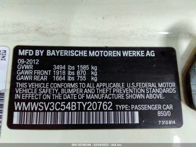WMWSV3C54BTY20762 Mini Cooper Hardtop S