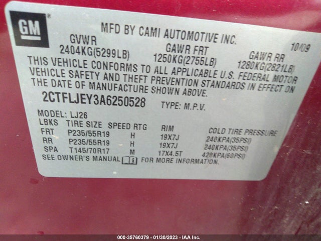 2010 GMC TERRAIN SLT-2 VIN: 2CTFLJEY3A6250528