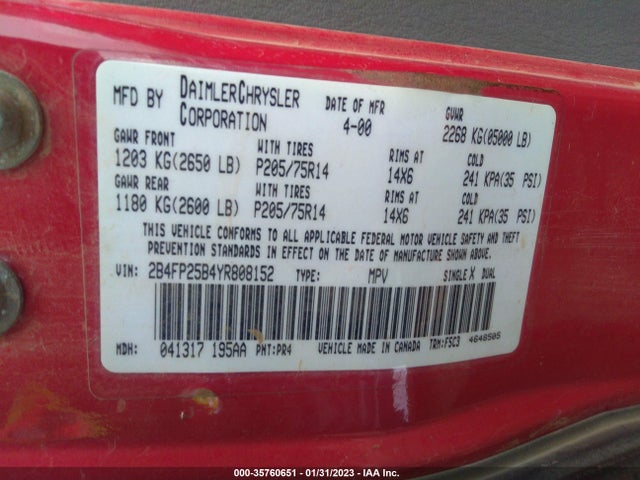 2000 DODGE CARAVAN BASE VIN: 2B4FP25B4YR808152