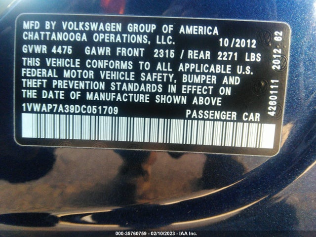 2013 VOLKSWAGEN PASSAT S VIN: 1VWAP7A39DC051709