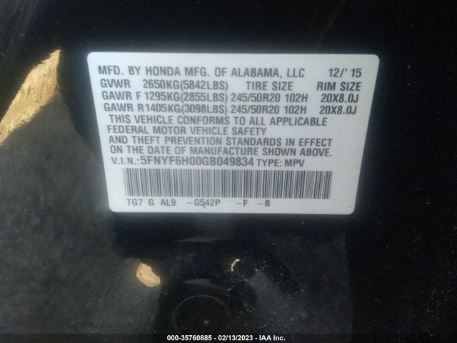 Honda Pilot Elite 2016 5FNYF6H00GB049834 Image 9