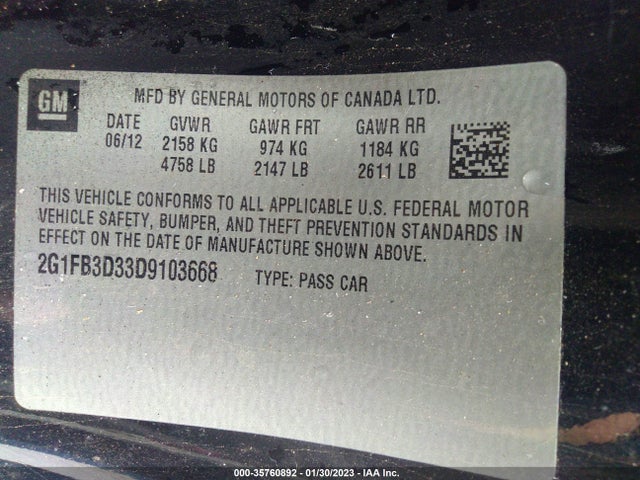 2013 CHEVROLET CAMARO LT VIN: 2G1FB3D33D9103668