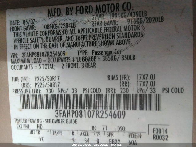 2007 FORD FUSION SEL VIN: 3FAHP08107R254609