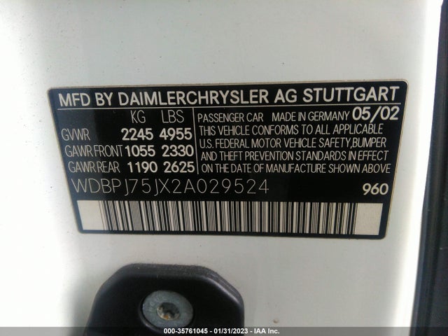 2002 MERCEDES-BENZ CL-CLASS VIN: WDBPJ75JX2A029524