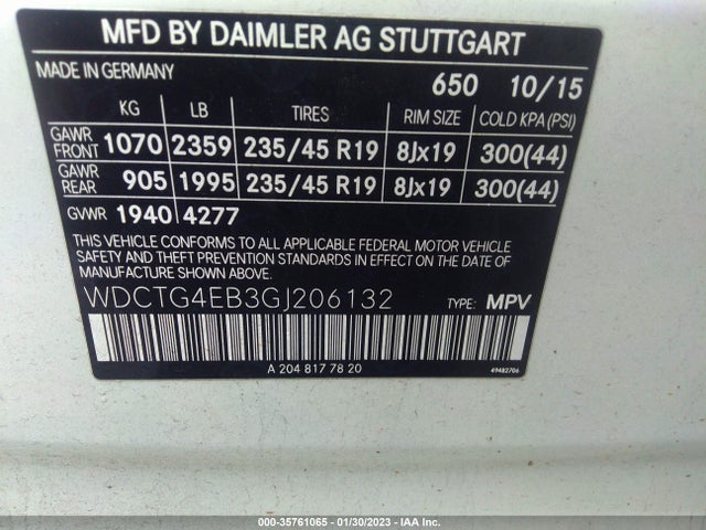 2016 Mercedes-Benz GLA-Class, VIN: WDCTG4EB3GJ206132