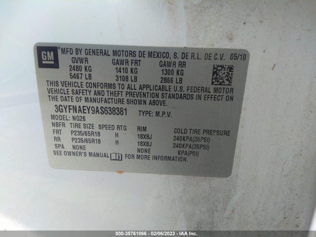 3GYFNAEY9AS638381 Cadillac Srx Luxury Collection