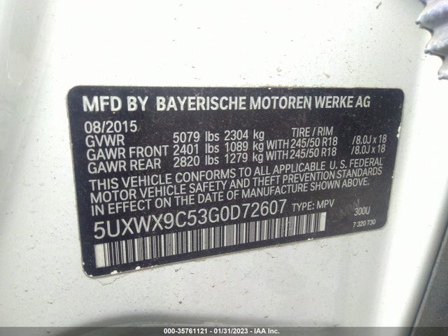 2016 BMW X3, VIN: 5UXWX9C53G0D72607