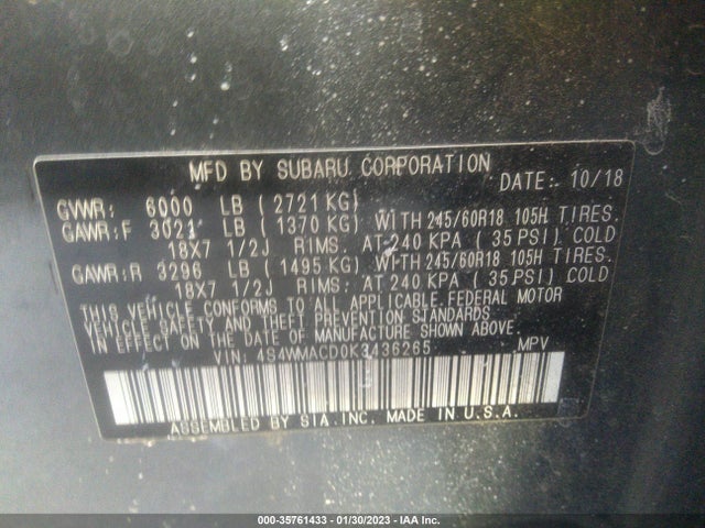4S4WMACD0K3436265 Subaru Ascent Premium