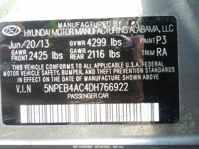 2013 HYUNDAI SONATA GLS VIN: 5NPEB4AC4DH766922