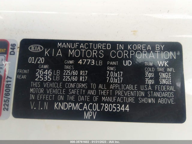 2020 Kia Sportage, VIN: KNDPMCAC0L7805344