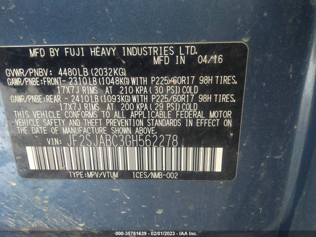 2016 Subaru Forester, VIN: JF2SJABC3GH562278