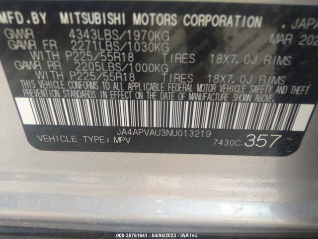 JA4APVAU3NU013219 Mitsubishi Outlander Sport Se
