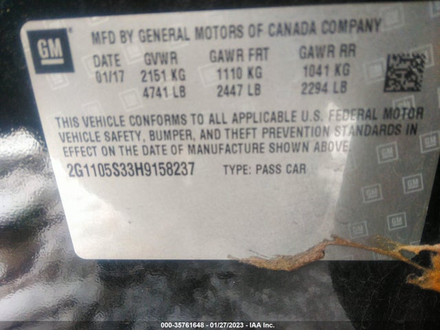 2017 CHEVROLET IMPALA LT VIN: 2G1105S33H9158237