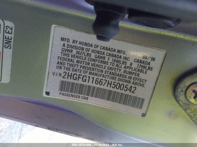 2007 HONDA CIVIC CPE LX VIN: 2HGFG11667H500542