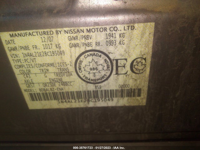 2008 NISSAN ALTIMA 2.5 VIN: 1N4AL21E28C195049
