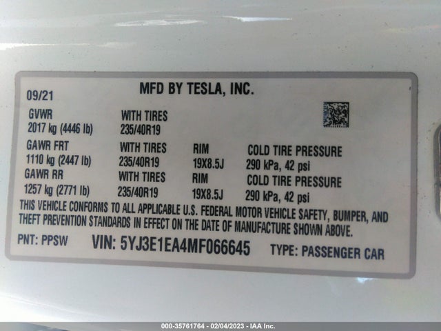 Tesla Model 3 Standard Range Plus 2021 5YJ3E1EA4MF066645 Image 11