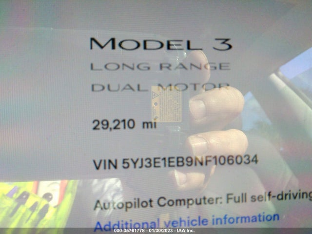 Tesla Model 3 Long Range 2022 5YJ3E1EB9NF106034 Image 9
