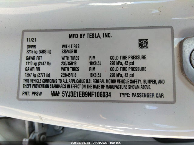 Tesla Model 3 Long Range 2022 5YJ3E1EB9NF106034 Image 11