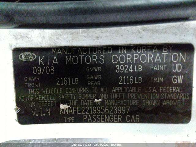 2009 KIA SPECTRA LX VIN: KNAFE221995623997