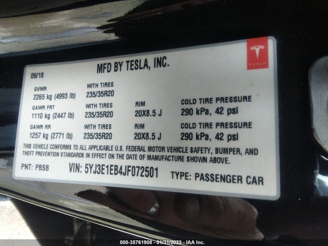 Tesla Model 3 Long Range 2018 5YJ3E1EB4JF072501 Image 10