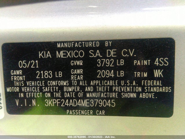 2021 KIA FORTE LXS VIN: 3KPF24AD4ME379045
