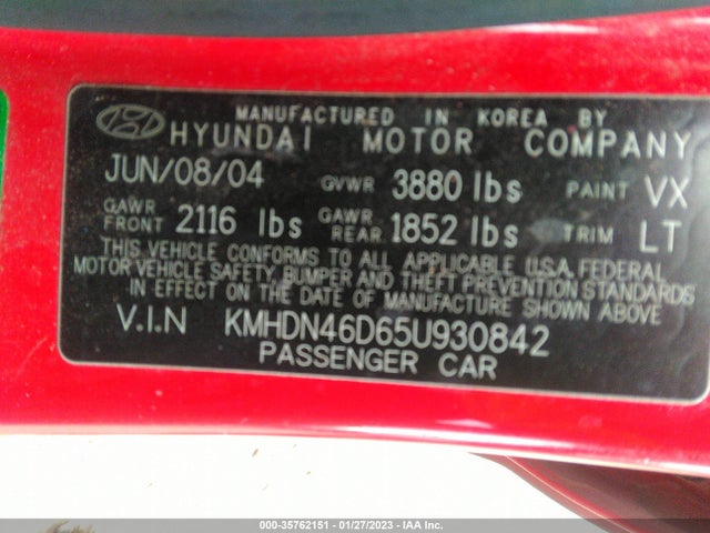 2005 HYUNDAI ELANTRA GLS/GT VIN: KMHDN46D65U930842