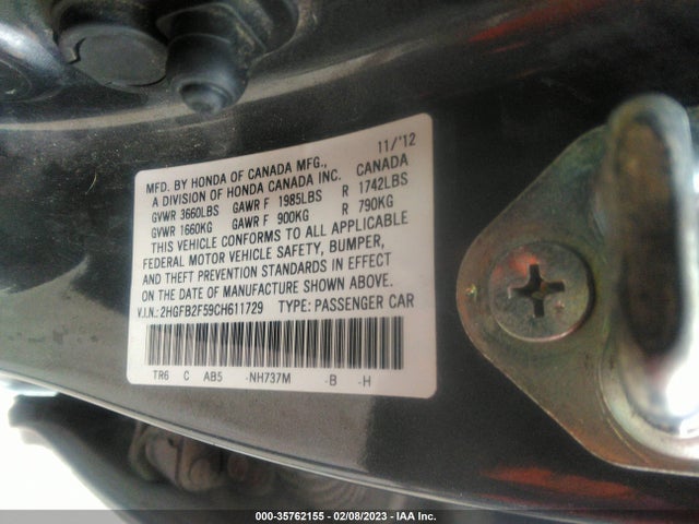 2012 HONDA CIVIC SDN LX VIN: 2HGFB2F59CH611729