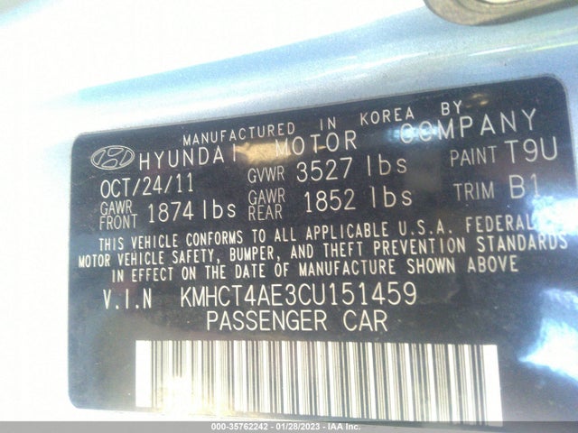 2012 HYUNDAI ACCENT GLS VIN: KMHCT4AE3CU151459