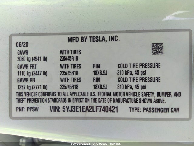 Tesla MODEL 3 2020 5YJ3E1EA2LF740421 Image 11