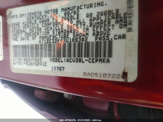 2002 TOYOTA CAMRY LE/SE/XLE VIN: 4T1BE32K42U108302
