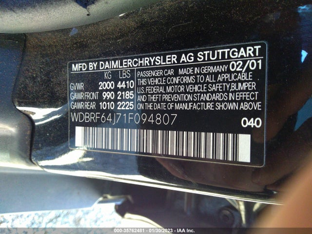 2001 MERCEDES-BENZ C CLASS VIN: WDBRF64J71F094807