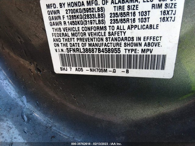 2007 HONDA ODYSSEY EX-L VIN: 5FNRL38687B458955