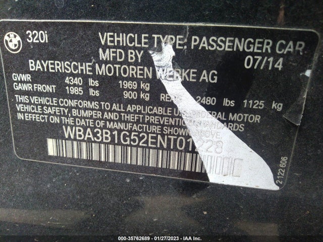 2014 BMW 3 SERIES 320I VIN: WBA3B1G52ENT01228
