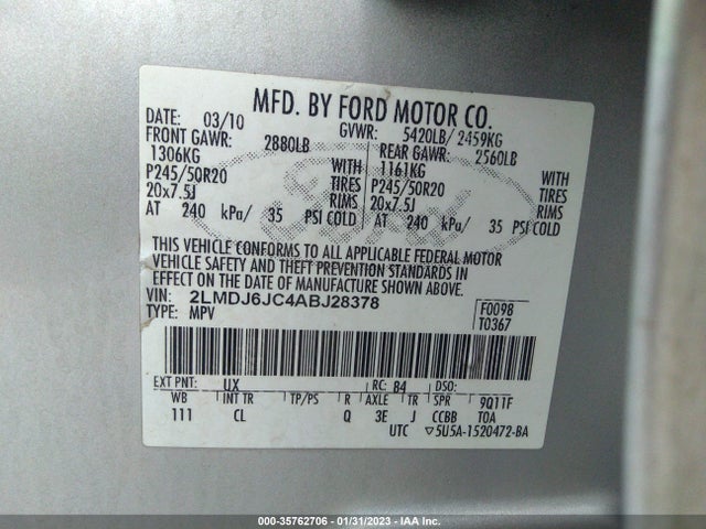 Lincoln MKX 2010 2LMDJ6JC4ABJ28378 Image 9