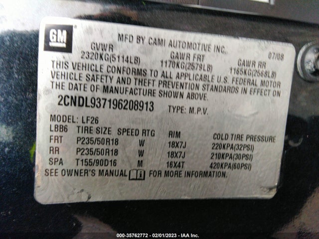 2009 CHEVROLET EQUINOX SPORT VIN: 2CNDL937196208913
