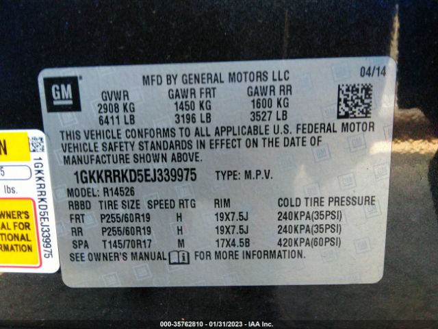 1GKKRRKD5EJ339975 GMC ACADIA SLT