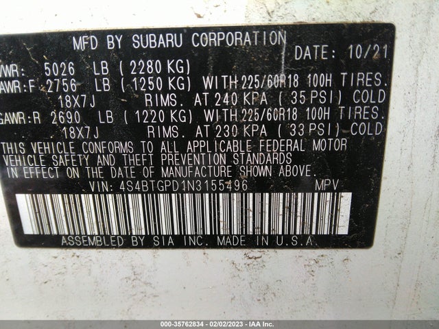 2022 Subaru Outback, VIN: 4S4BTGPD1N3155496