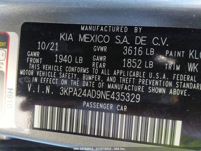 3KPA24AD9NE435329 KIA RIO S
