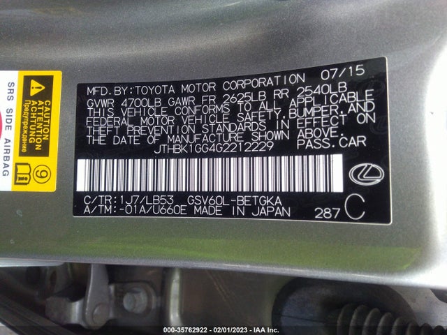 2016 Lexus ES, VIN: JTHBK1GG4G2212229