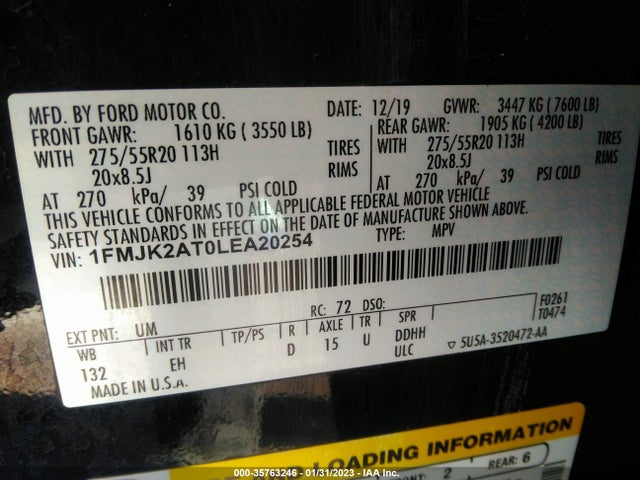 2020 FORD EXPEDITION MAX LIMITED VIN: 1FMJK2AT0LEA20254