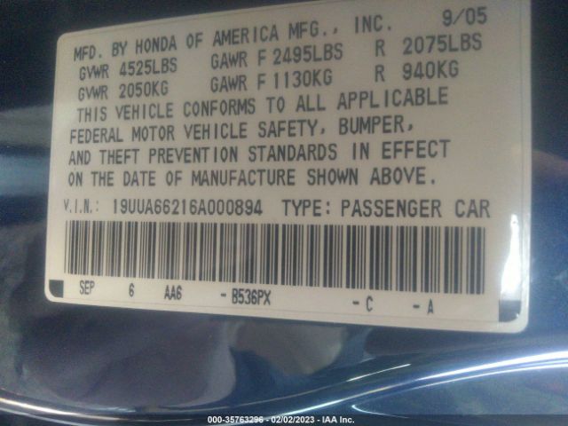 2006 ACURA TL VIN: 19UUA66216A000894