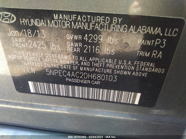 2013 HYUNDAI SONATA LIMITED PZEV VIN: 5NPEC4AC2DH680103