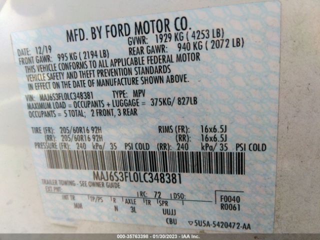 MAJ6S3FL0LC348381 Ford ECOSPORT S