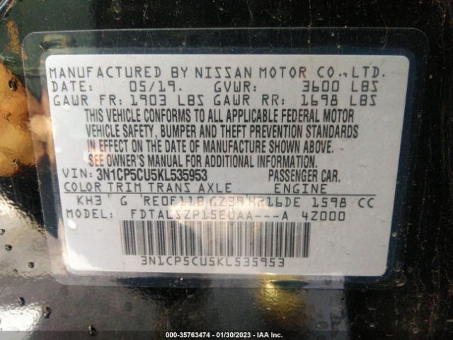 3N1CP5CU5KL535953 Nissan KICKS SV