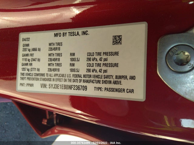 Tesla Model 3 Long Range 2022 5YJ3E1EB8NF236709 Image 9