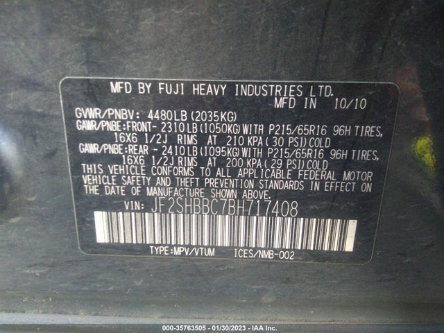 2011 SUBARU FORESTER 2.5X VIN: JF2SHBBC7BH717408